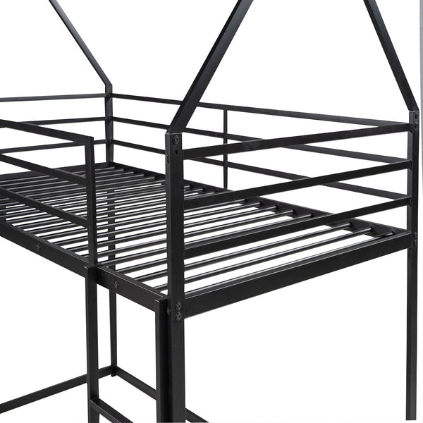 English Elm Twin House Bunk Bed with Ladder and Slide — Space-Saving Metal Twin over Twin Frame, Safe Design Black WF283081AAB