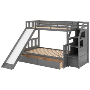 English Elm Twin Over Full Bunk Bed with Slide, Built-In Drawers and Ladder Storage, Sturdy Pine MDF Design Gray SM000109AAE-1