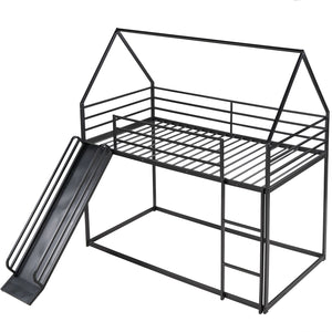 English Elm Twin House Bunk Bed with Ladder and Slide — Space-Saving Metal Twin over Twin Frame, Safe Design Black WF283081AAB