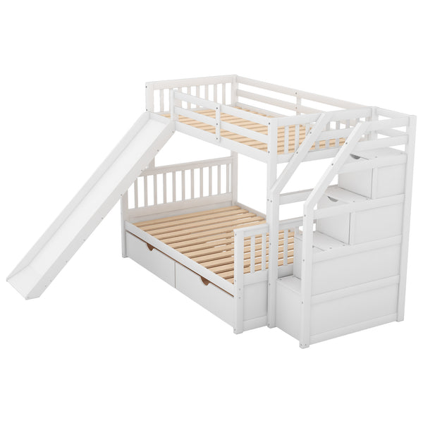 English Elm Twin Over Full Bunk Bed with Slide, Built-In Drawers and Ladder Storage, Sturdy Pine MDF Design White SM000109AAK-1