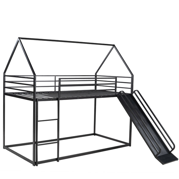 English Elm Twin House Bunk Bed with Ladder and Slide — Space-Saving Metal Twin over Twin Frame, Safe Design Black WF283081AAB
