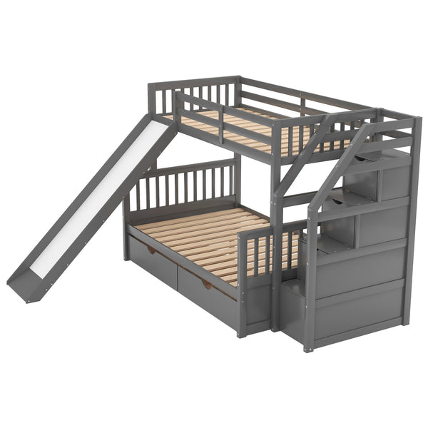 English Elm Twin Over Full Bunk Bed with Slide, Built-In Drawers and Ladder Storage, Sturdy Pine MDF Design Gray SM000109AAE-1