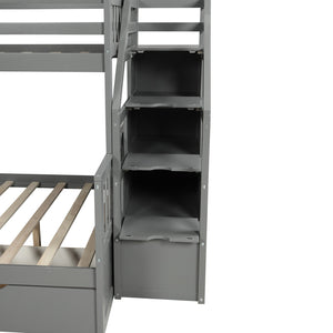 English Elm Twin Over Full Bunk Bed with Slide, Built-In Drawers and Ladder Storage, Sturdy Pine MDF Design Gray SM000109AAE-1