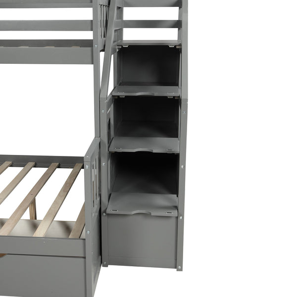 English Elm Twin Over Full Bunk Bed with Slide, Built-In Drawers and Ladder Storage, Sturdy Pine MDF Design Gray SM000109AAE-1
