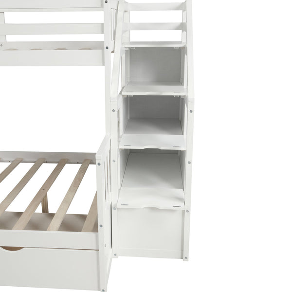 English Elm Twin Over Full Bunk Bed with Slide, Built-In Drawers and Ladder Storage, Sturdy Pine MDF Design White SM000109AAK-1