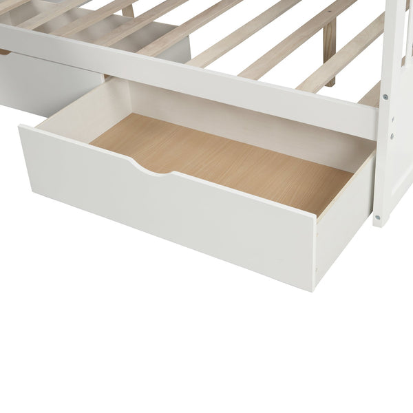 English Elm Twin Over Full Bunk Bed with Slide, Built-In Drawers and Ladder Storage, Sturdy Pine MDF Design White SM000109AAK-1