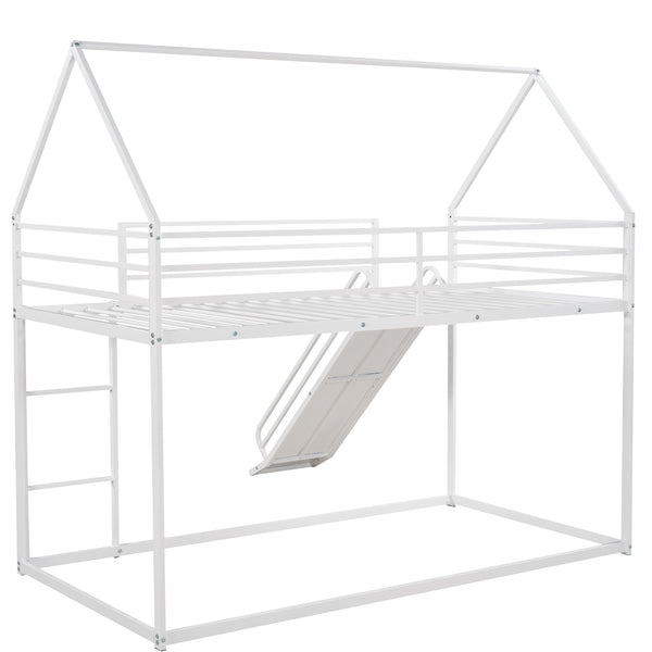 English Elm Twin House Bunk Bed with Ladder and Slide — Space-Saving Metal Twin over Twin Frame, Safe Design White WF283081AAK