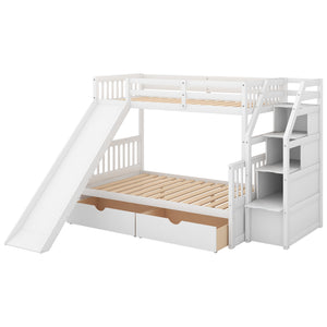 English Elm Twin Over Full Bunk Bed with Slide, Built-In Drawers and Ladder Storage, Sturdy Pine MDF Design White SM000109AAK-1
