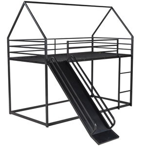English Elm Twin House Bunk Bed with Ladder and Slide — Space-Saving Metal Twin over Twin Frame, Safe Design Black WF283081AAB