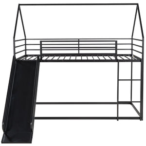 English Elm Twin House Bunk Bed with Ladder and Slide — Space-Saving Metal Twin over Twin Frame, Safe Design Black WF283081AAB