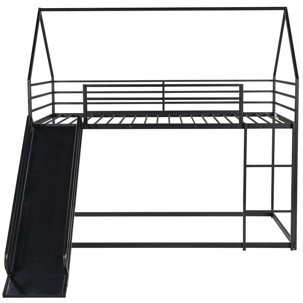 English Elm Twin House Bunk Bed with Ladder and Slide — Space-Saving Metal Twin over Twin Frame, Safe Design Black WF283081AAB