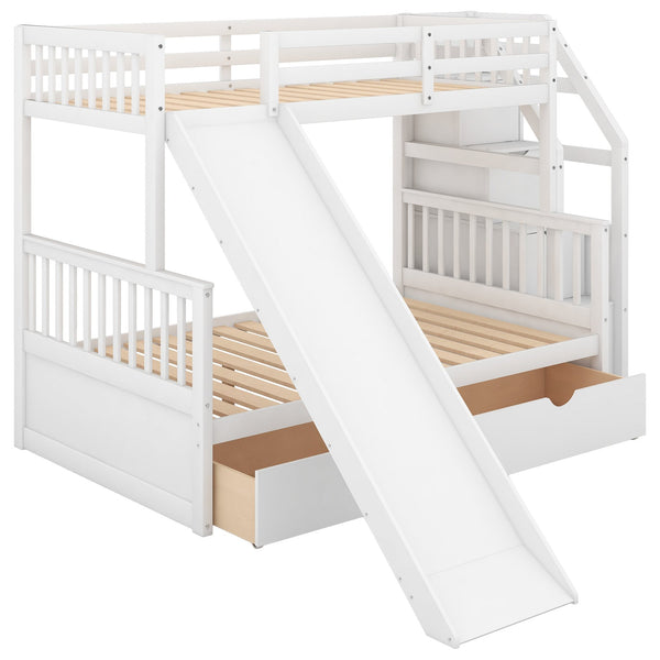 English Elm Twin Over Full Bunk Bed with Slide, Built-In Drawers and Ladder Storage, Sturdy Pine MDF Design White SM000109AAK-1