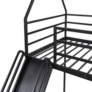 English Elm Twin House Bunk Bed with Ladder and Slide — Space-Saving Metal Twin over Twin Frame, Safe Design Black WF283081AAB
