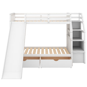 English Elm Twin Over Full Bunk Bed with Slide, Built-In Drawers and Ladder Storage, Sturdy Pine MDF Design White SM000109AAK-1