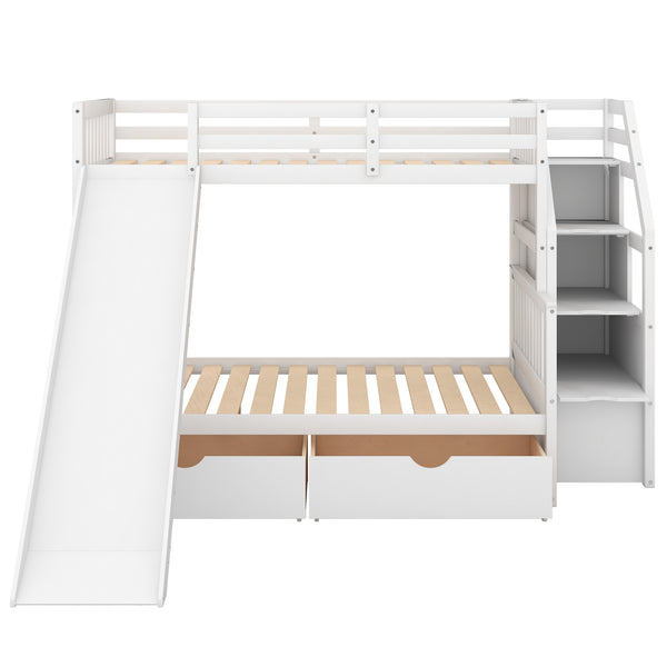 English Elm Twin Over Full Bunk Bed with Slide, Built-In Drawers and Ladder Storage, Sturdy Pine MDF Design White SM000109AAK-1