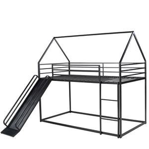 English Elm Twin House Bunk Bed with Ladder and Slide — Space-Saving Metal Twin over Twin Frame, Safe Design Black WF283081AAB