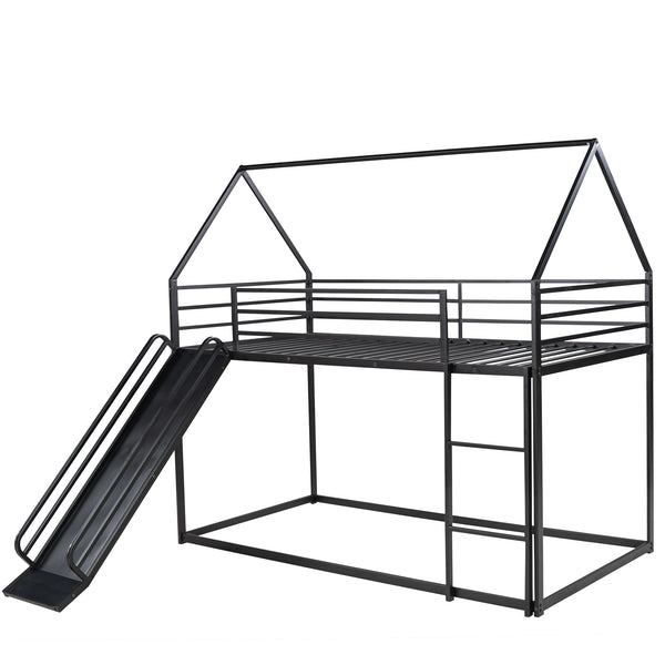English Elm Twin House Bunk Bed with Ladder and Slide — Space-Saving Metal Twin over Twin Frame, Safe Design Black WF283081AAB