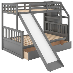 English Elm Twin Over Full Bunk Bed with Slide, Built-In Drawers and Ladder Storage, Sturdy Pine MDF Design Gray SM000109AAE-1