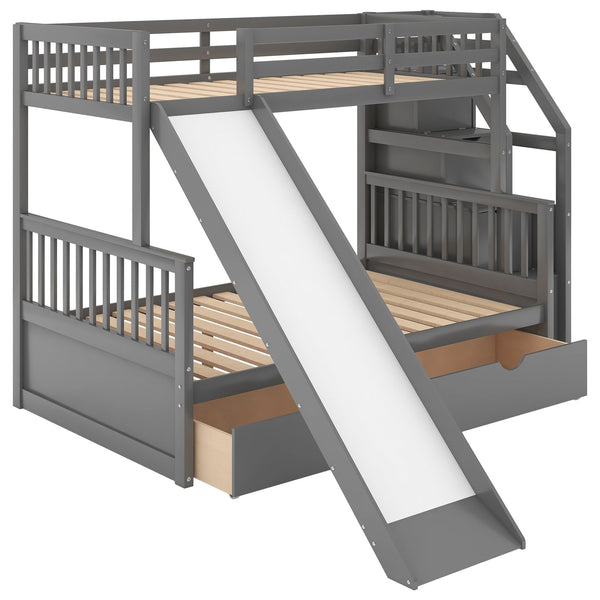 English Elm Twin Over Full Bunk Bed with Slide, Built-In Drawers and Ladder Storage, Sturdy Pine MDF Design Gray SM000109AAE-1