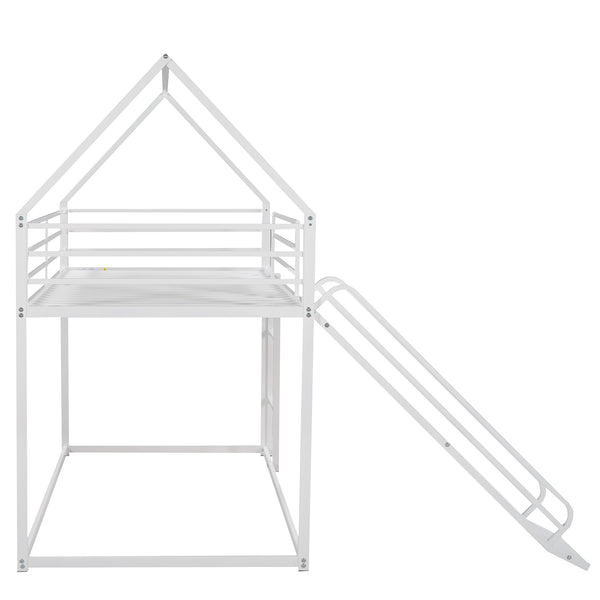 English Elm Twin House Bunk Bed with Ladder and Slide — Space-Saving Metal Twin over Twin Frame, Safe Design White WF283081AAK