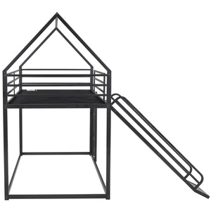 English Elm Twin House Bunk Bed with Ladder and Slide — Space-Saving Metal Twin over Twin Frame, Safe Design Black WF283081AAB