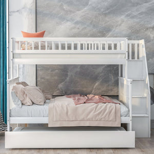 English Elm Twin Pine Twin-Over-Full Bunk Bed with Trundle and Staircase Storage, Space-Saving Durable Design White GX000403AAK-1