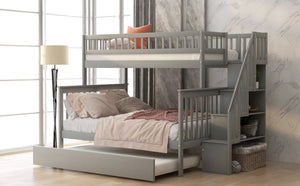 English Elm Twin Pine Twin-Over-Full Bunk Bed with Trundle and Staircase Storage, Space-Saving Durable Design Gray GX000403AAE-1
