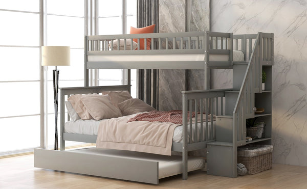 English Elm Twin Pine Twin-Over-Full Bunk Bed with Trundle and Staircase Storage, Space-Saving Durable Design Gray GX000403AAE-1