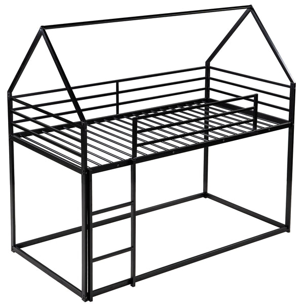 English Elm Twin House Bunk Bed with Built-In Ladder, Space-Saving Metal Frame, Low Profile Design for Kids' Rooms Black WF283080AAB