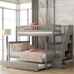 English Elm Twin Pine Twin-Over-Full Bunk Bed with Trundle and Staircase Storage, Space-Saving Durable Design Gray GX000403AAE-1