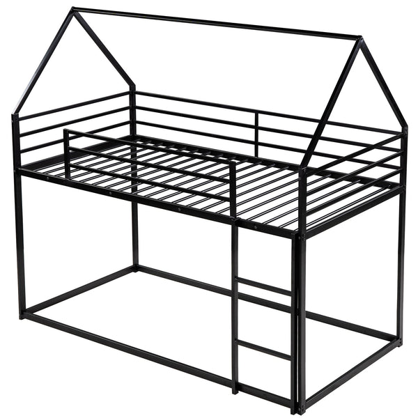 English Elm Twin House Bunk Bed with Built-In Ladder, Space-Saving Metal Frame, Low Profile Design for Kids' Rooms Black WF283080AAB