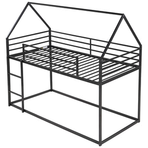 English Elm Twin House Bunk Bed with Built-In Ladder, Space-Saving Metal Frame, Low Profile Design for Kids' Rooms Black WF283080AAB