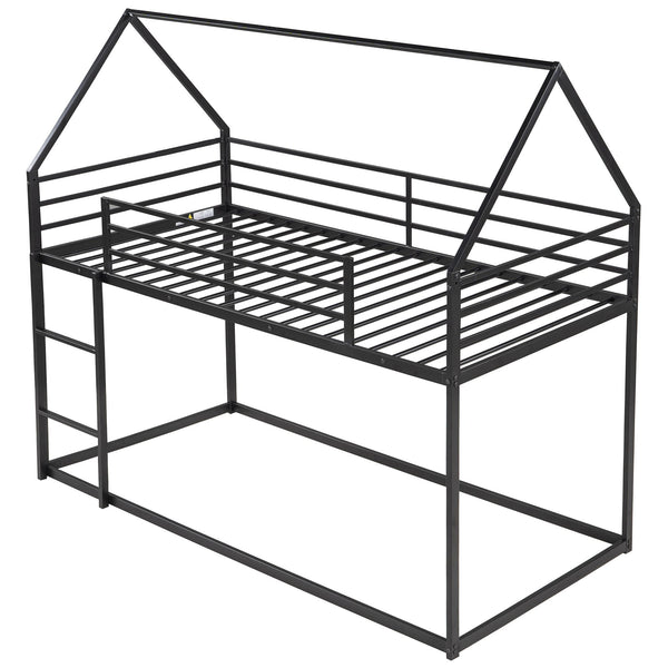 English Elm Twin House Bunk Bed with Built-In Ladder, Space-Saving Metal Frame, Low Profile Design for Kids' Rooms Black WF283080AAB