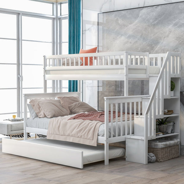 English Elm Twin Pine Twin-Over-Full Bunk Bed with Trundle and Staircase Storage, Space-Saving Durable Design White GX000403AAK-1