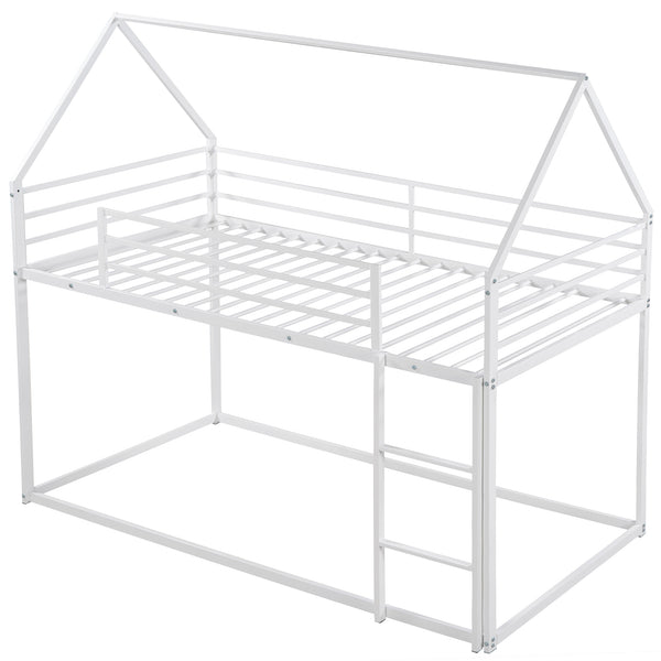 English Elm Twin House Bunk Bed with Built-In Ladder, Space-Saving Metal Frame, Low Profile Design for Kids' Rooms White WF283080AAK