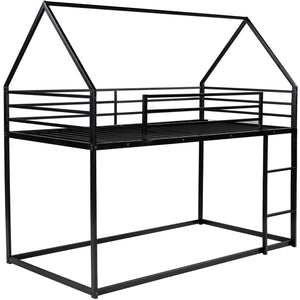 English Elm Twin House Bunk Bed with Built-In Ladder, Space-Saving Metal Frame, Low Profile Design for Kids' Rooms Black WF283080AAB