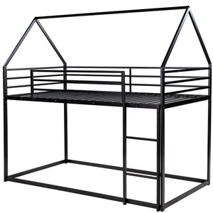 English Elm Twin House Bunk Bed with Built-In Ladder, Space-Saving Metal Frame, Low Profile Design for Kids' Rooms Black WF283080AAB