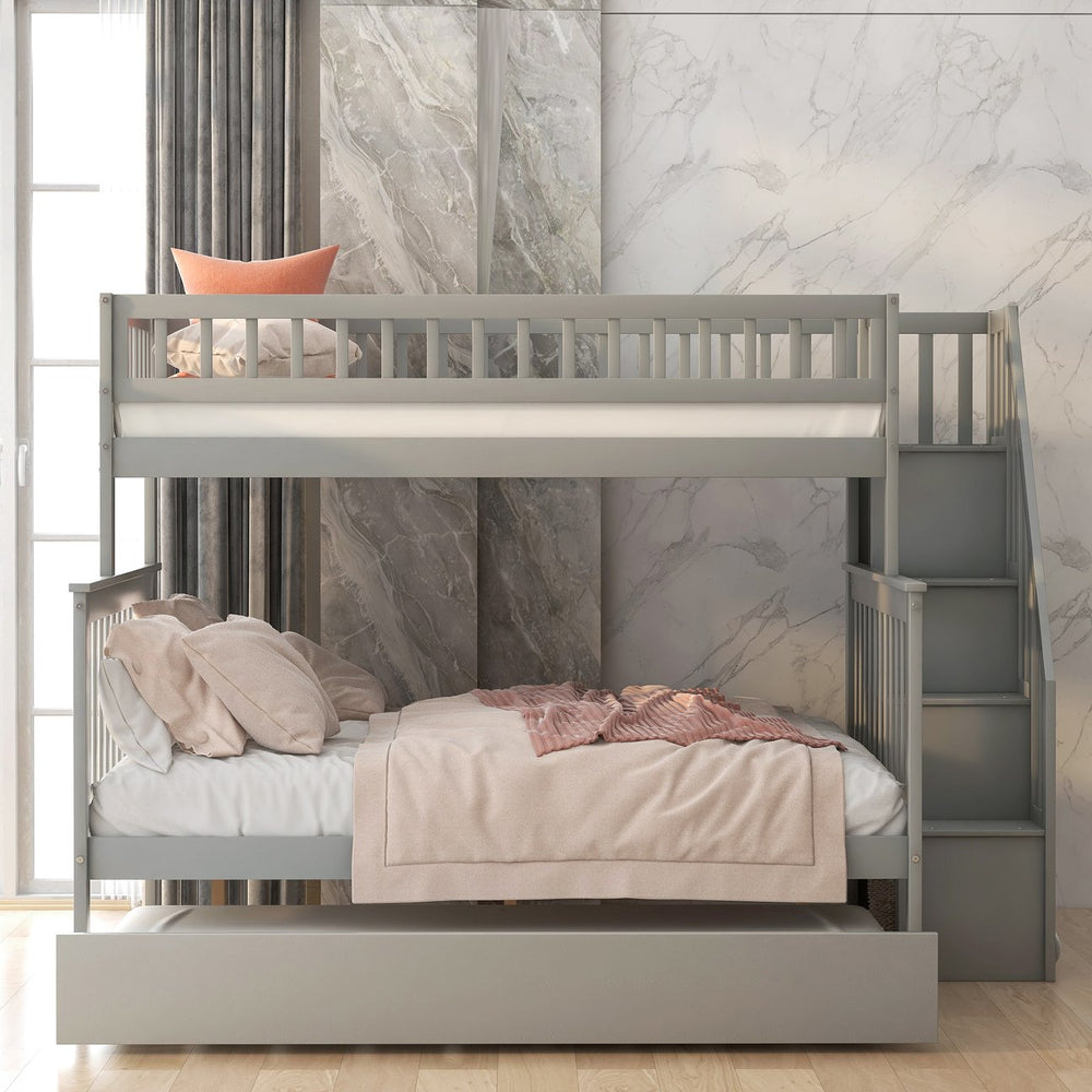 English Elm Twin Pine Twin-Over-Full Bunk Bed with Trundle and Staircase Storage, Space-Saving Durable Design Gray GX000403AAE-1