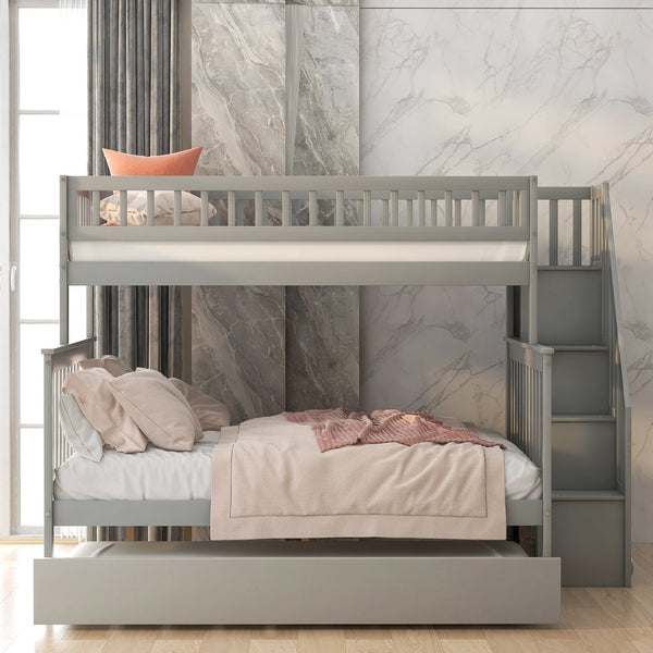 English Elm Twin Pine Twin-Over-Full Bunk Bed with Trundle and Staircase Storage, Space-Saving Durable Design Gray GX000403AAE-1