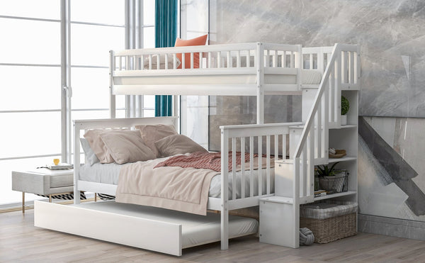 English Elm Twin Pine Twin-Over-Full Bunk Bed with Trundle and Staircase Storage, Space-Saving Durable Design White GX000403AAK-1