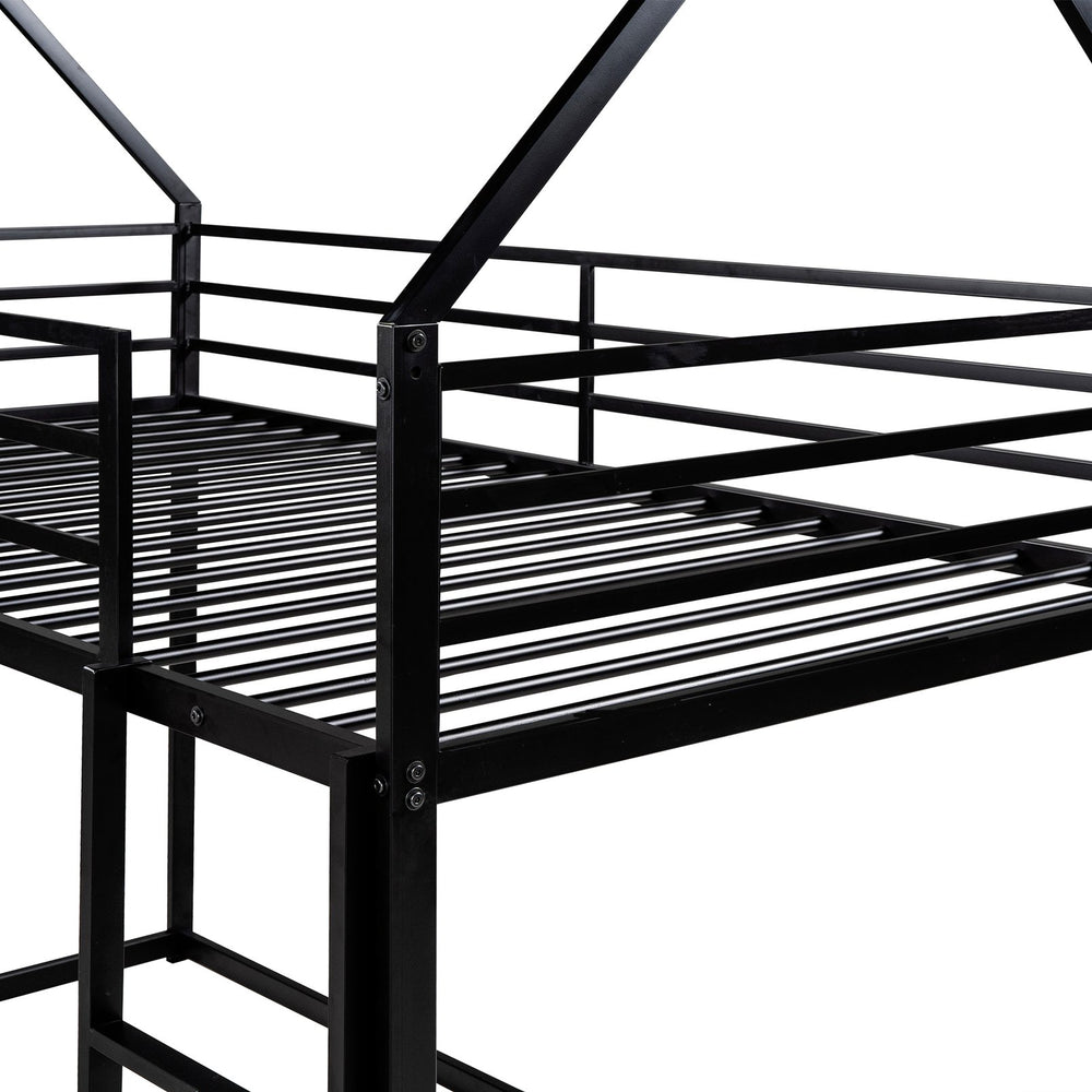 English Elm Twin House Bunk Bed with Built-In Ladder, Space-Saving Metal Frame, Low Profile Design for Kids' Rooms Black WF283080AAB