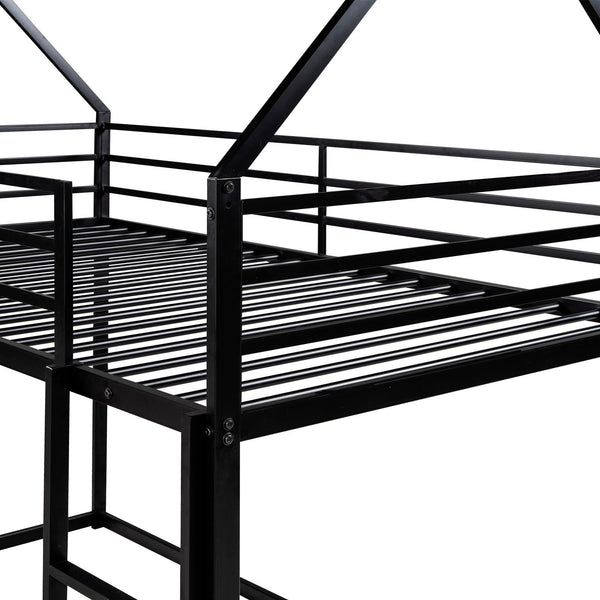 English Elm Twin House Bunk Bed with Built-In Ladder, Space-Saving Metal Frame, Low Profile Design for Kids' Rooms Black WF283080AAB