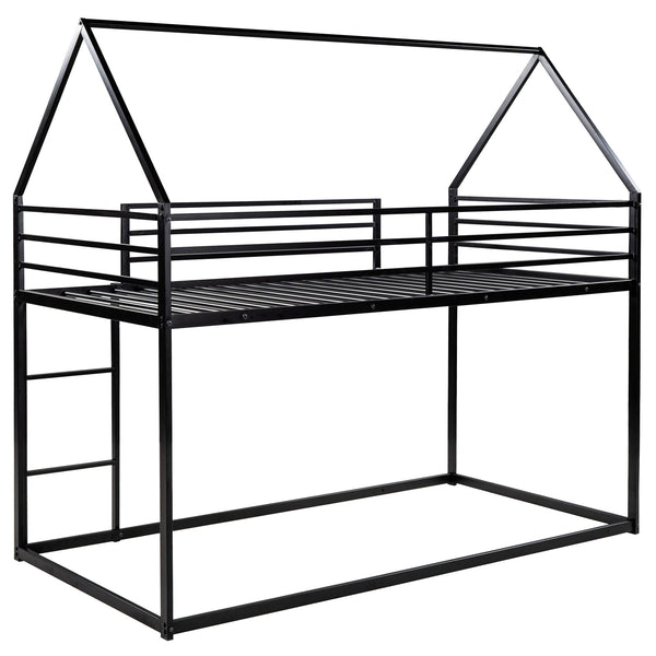English Elm Twin House Bunk Bed with Built-In Ladder, Space-Saving Metal Frame, Low Profile Design for Kids' Rooms Black WF283080AAB