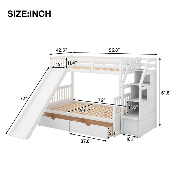 English Elm Twin Over Full Bunk Bed with Slide, Built-In Drawers and Ladder Storage, Sturdy Pine MDF Design White SM000109AAK-1