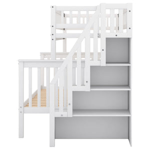 English Elm Twin Pine Twin over Full Staircase Bunk Bed with Built-In Storage, Guardrails & Solid Slat Kit for Kids Room Comfort and Safety White SM000296AAK-1