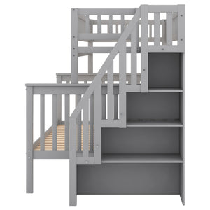 English Elm Twin Pine Twin over Full Staircase Bunk Bed with Built-In Storage, Guardrails & Solid Slat Kit for Kids Room Comfort and Safety Gray SM000296AAE-1