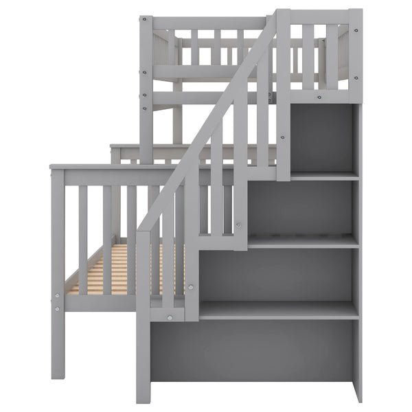 English Elm Twin Pine Twin over Full Staircase Bunk Bed with Built-In Storage, Guardrails & Solid Slat Kit for Kids Room Comfort and Safety Gray SM000296AAE-1