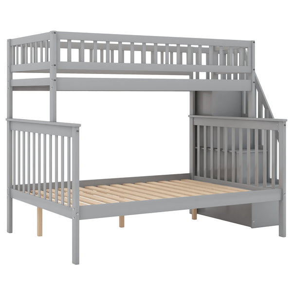 English Elm Twin Pine Twin over Full Staircase Bunk Bed with Built-In Storage, Guardrails & Solid Slat Kit for Kids Room Comfort and Safety Gray SM000296AAE-1