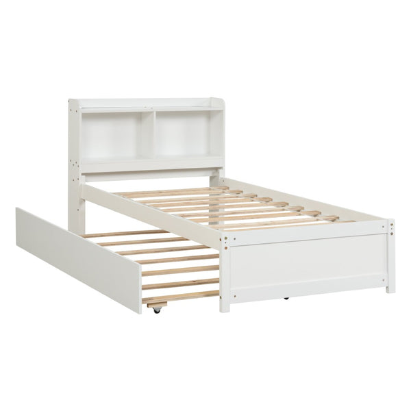 English Elm Twin Bed With Trundle & Bookcase Headboard - Space-Saving Design In Clean White Finish For Kids' Rooms W50440496-GIGA