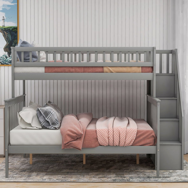 English Elm Twin Pine Twin over Full Staircase Bunk Bed with Built-In Storage, Guardrails & Solid Slat Kit for Kids Room Comfort and Safety Gray SM000296AAE-1